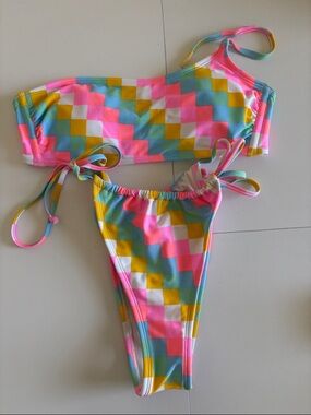 Xhilaration Neon Checkerboard Bikini in Pink, Yellow & Blue